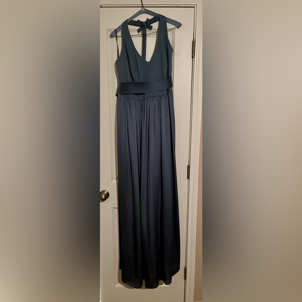 White by Vera Wang Halter V Neck Bridesmaid Dress Size 16 in Steel Blue